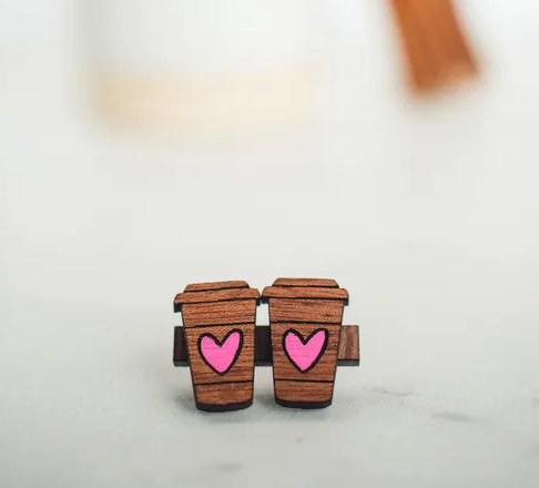Hypoallergenic Coffee Cup Wood Stud Earrings For Women