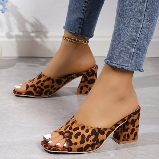 Leopard Block Heel Suede Sandals