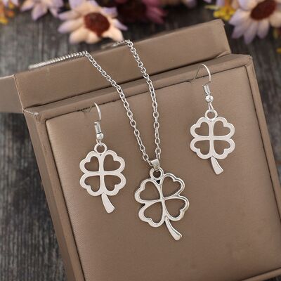 Lucky Clover Alloy Earrings and Necklace Jewelry Set