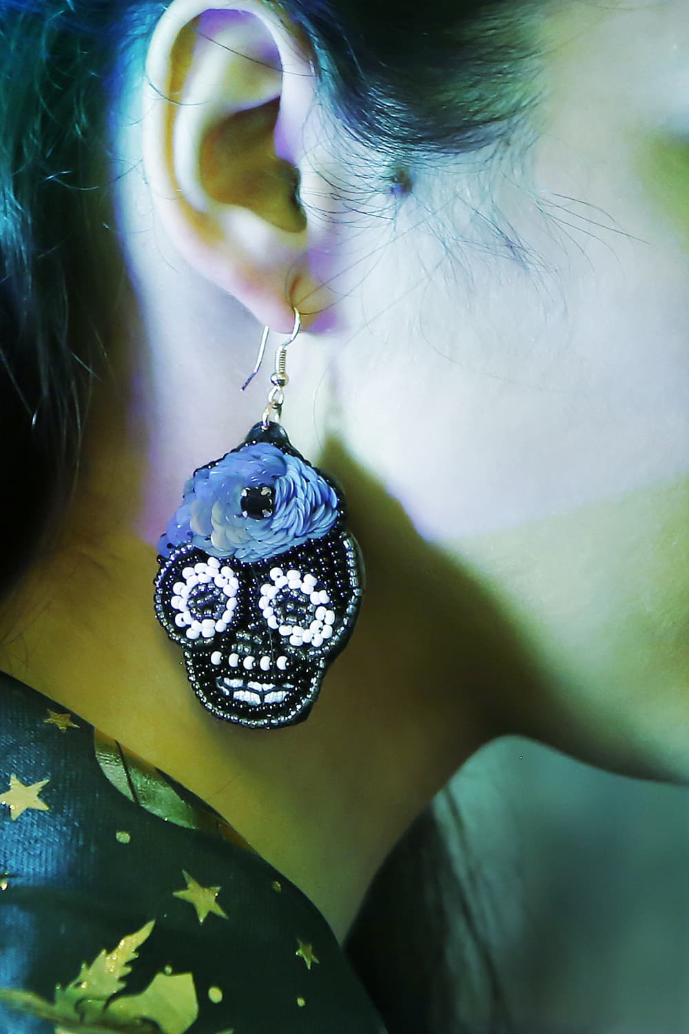 Spooky Skull Copper Beaded Detail Dangle Earrings