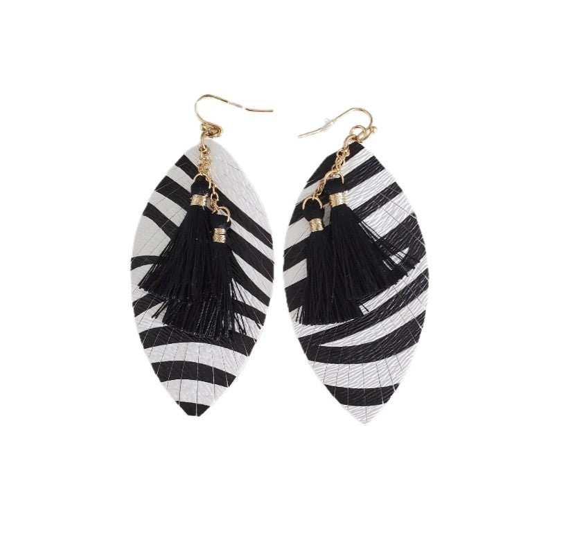 Handmade Oval Zebra Shell Earrings with Fluffy Tassel Details