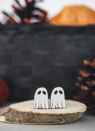 Halloween Ghost Stud Earrings | White Ghost Wood Stud Earrings