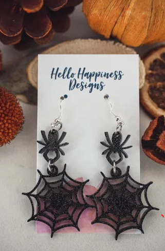 Spider with Spiderweb Glitter Acrylic Dangle Earrings