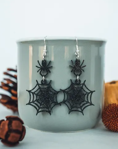 Spider with Spiderweb Glitter Acrylic Dangle Earrings